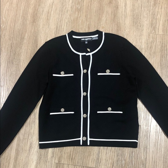 Karl Lagerfeld Sweaters - New Karl Lagerfeld Paris Black Cardigan with White Trim S